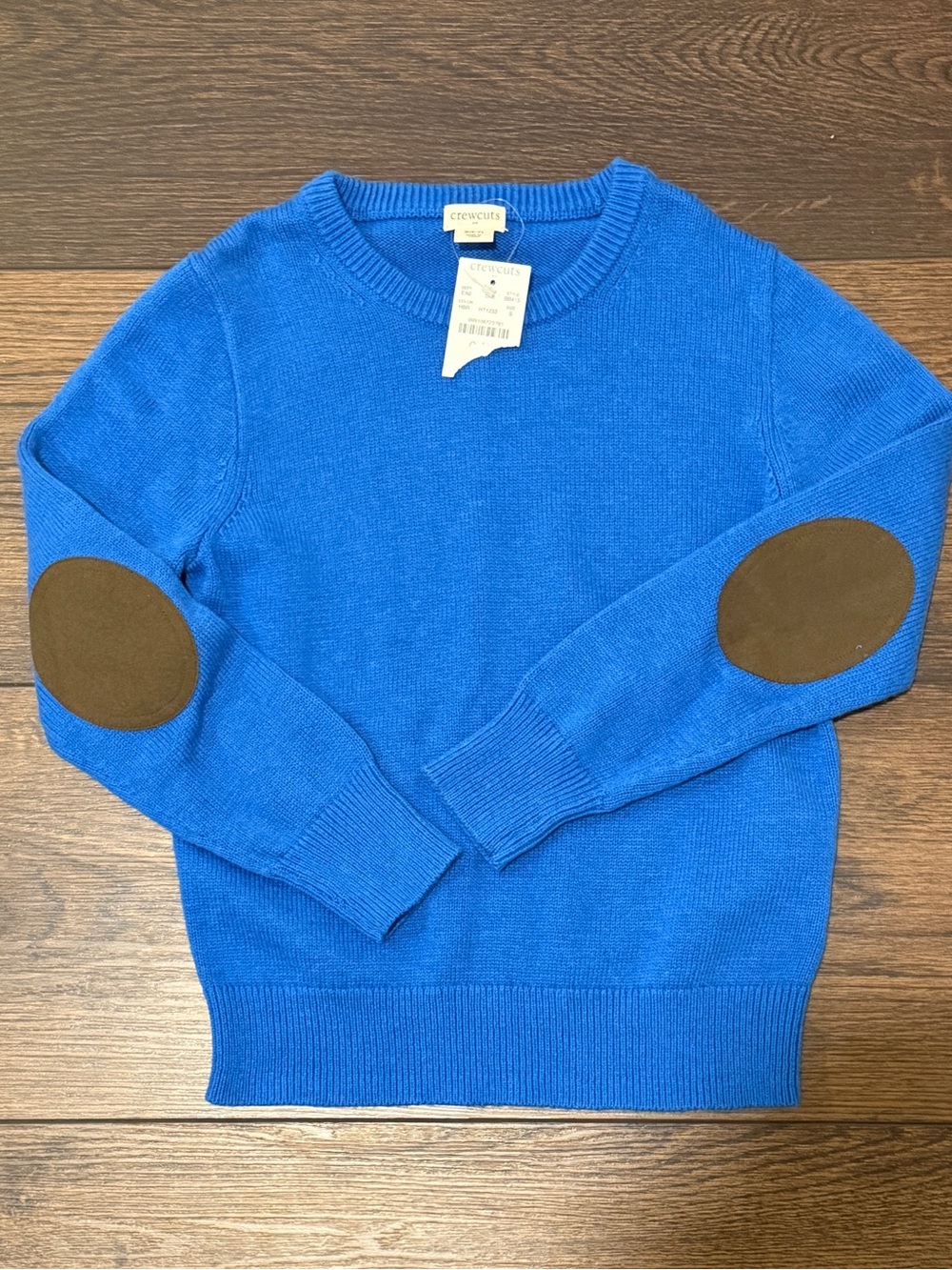 Crewcuts Bright Blue Crewneck Sweater with Brown Elbow Patches Sz 6/7 NWT